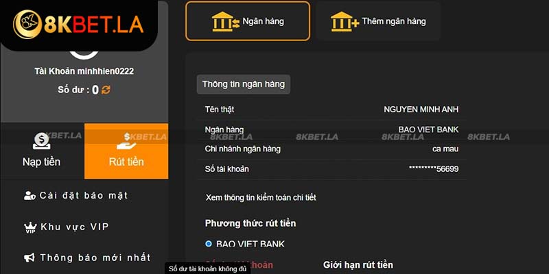 Phương thức rút tiền 8KBet phổ biến nhất là chuyển khoản ngân hàng